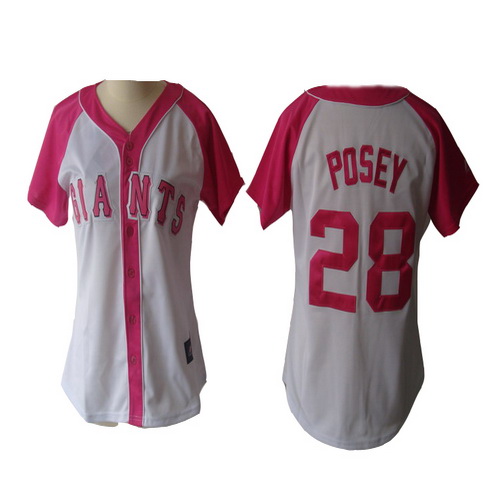Branded San Francisco Giants 28 Buster Posey Womens Pink Splash Fashion MLB Jersey By Majestic